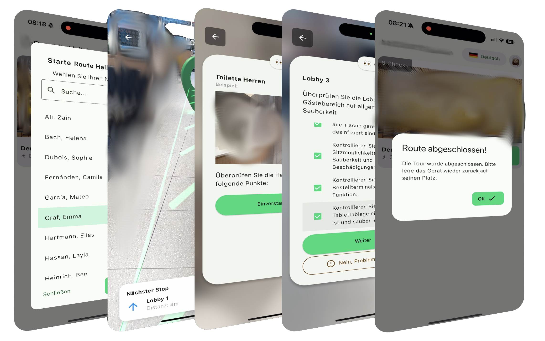 Anonymisierte Ansichten der Service-Route-App mit Routenauswahl, AR-Navigation, Prüfschritten und Abschlussmeldung