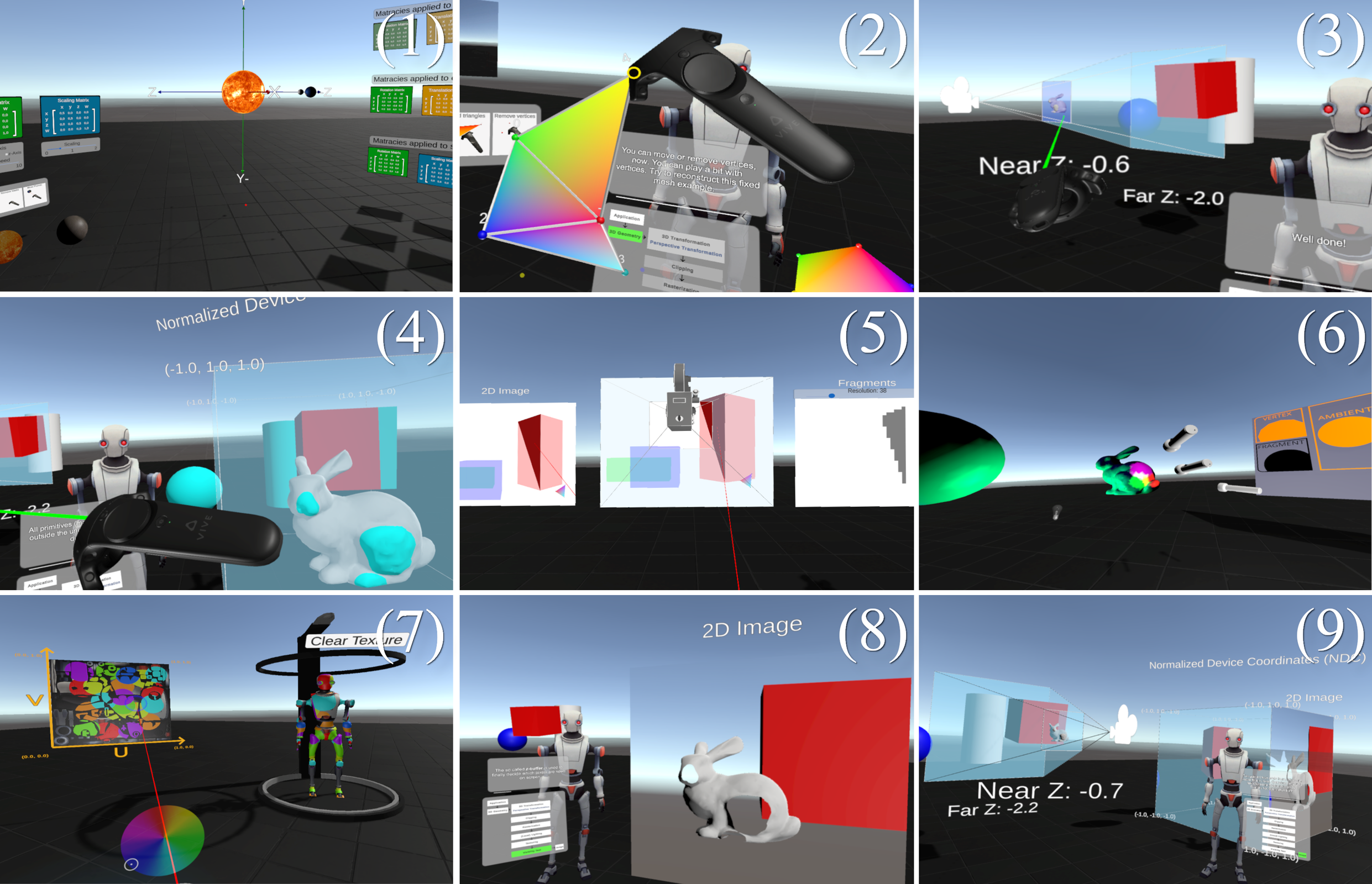 Collage interaktiver Lernstationen in der VR-Anwendung RePiX